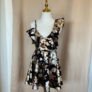 Privy One Shoulder Floral Dress - Black and Cream